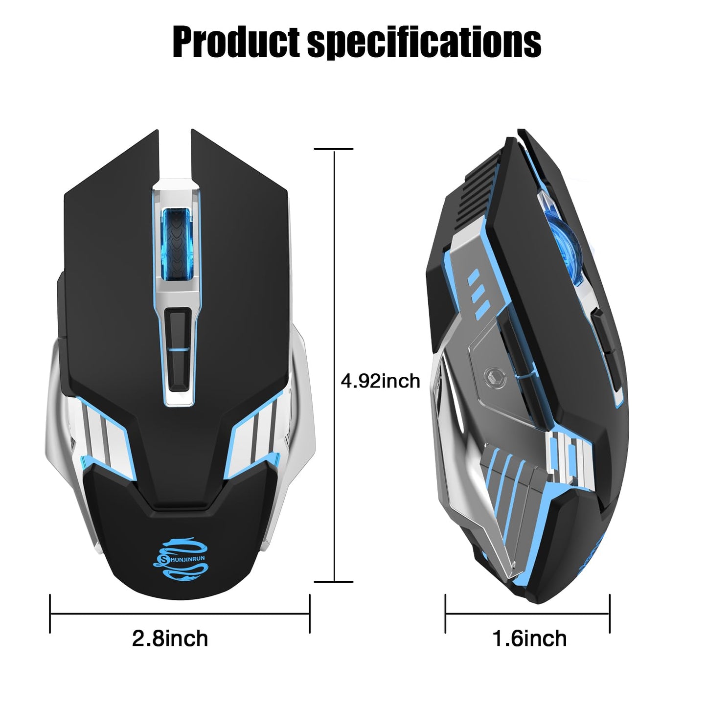 Bluetooth Gaming Mouse, RGB Rechargeable USB Wireless Mouse, Quiet Click, LED Backlit, Ergonomic, with Side Button, 6 Button, DPI Adjustable, Computer Mice for Laptop PC MacBook Chromebook - Grey