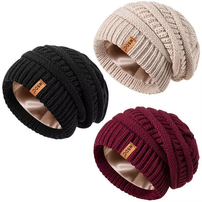 3 Pack Satin Lined Beanie for Women, Warm Slouchy Winter Hats with Silk Lined, Fashionable Oversized Cable Knit Hat Skull Cap
