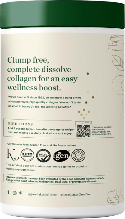 Great Lakes Wellness Collagen Peptides Powder for Skin, Hair, Nails, Joints & Digestion - Unflavored - Quick Dissolve Hydrolyzed, Non-GMO, Keto, Kosher - 16oz