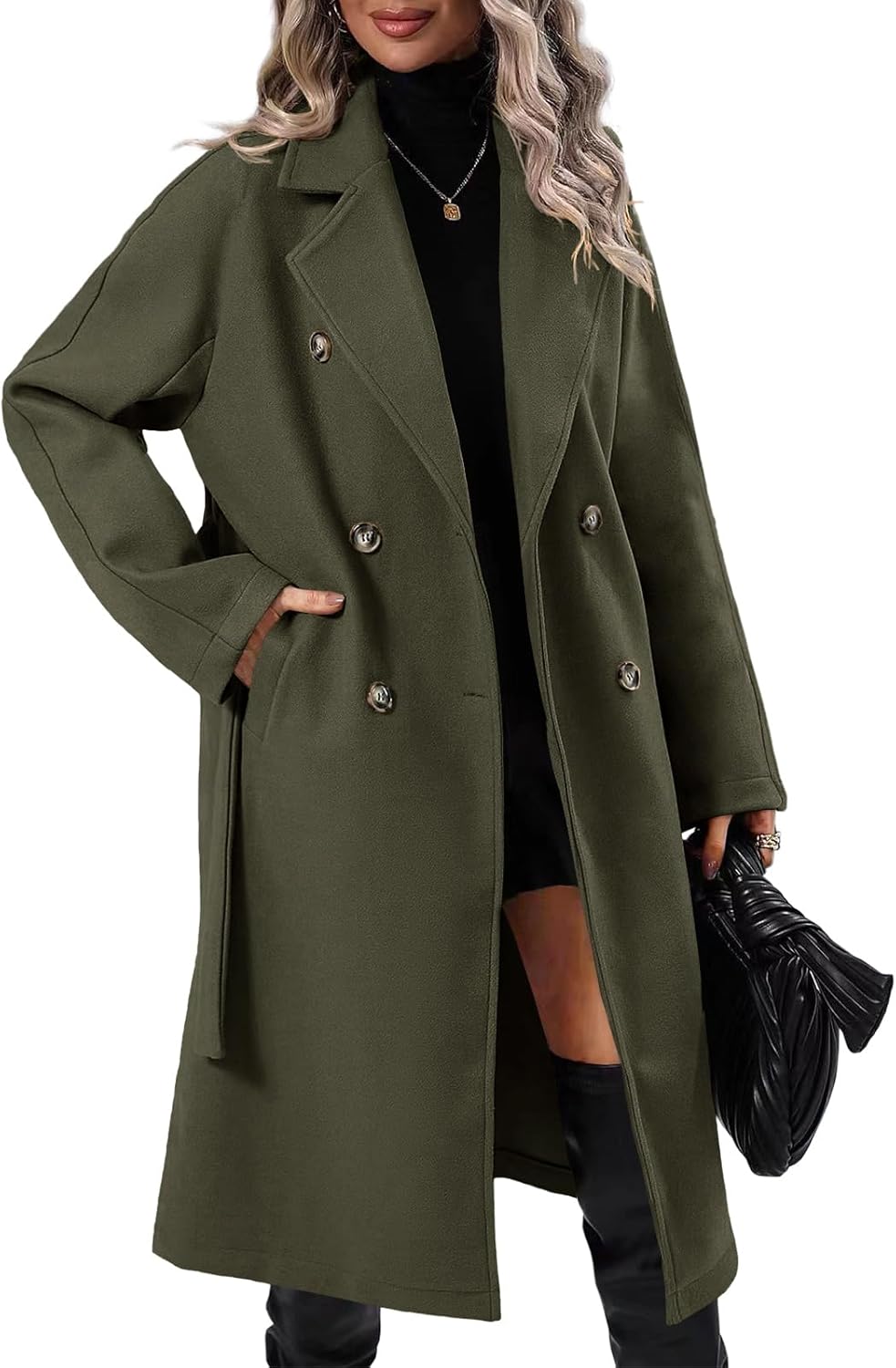 Danedvi Women Elegant Wool Pea Coat Lapel Collar Double Breasted Mid-Long Winter Overcoats with Belted Pockets