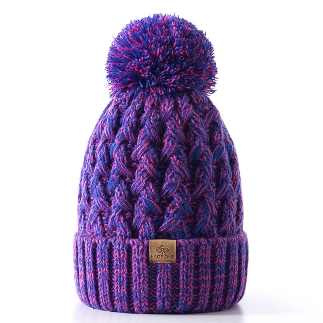 PAGE ONE Womens Winter Ribbed Beanie Crossed Cap Chunky Cable Knit Pompom Soft Warm Hat
