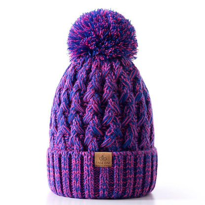 PAGE ONE Womens Winter Ribbed Beanie Crossed Cap Chunky Cable Knit Pompom Soft Warm Hat