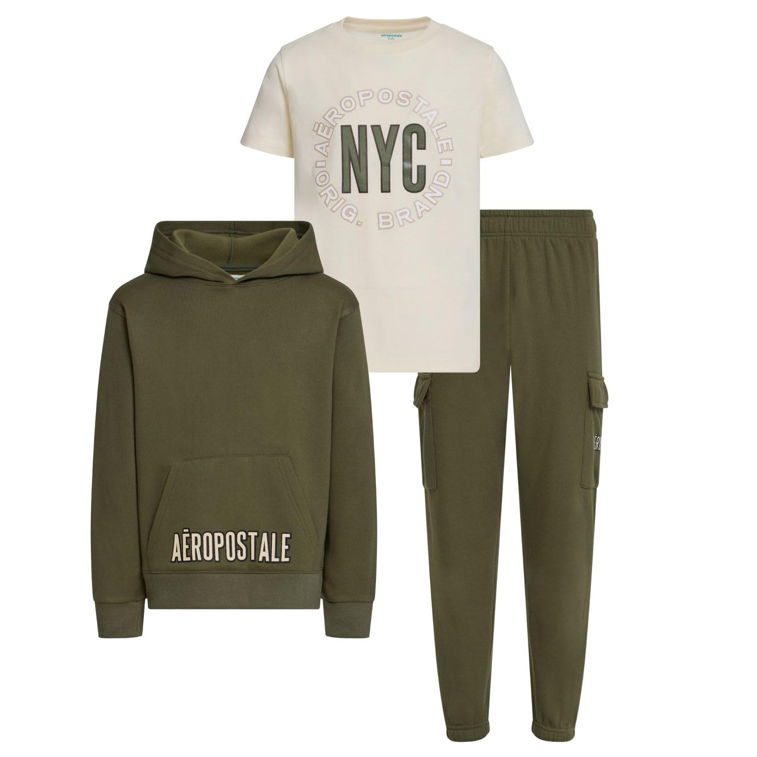 AEROPOSTALE Boys 3 Piece Outfit Set - Fleece Pullover Hoodie, Cargo Sweatpants, T-Shirt, Boys Activewear Set, Sizes 4-12