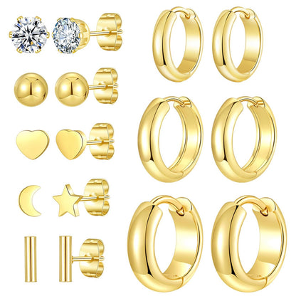Stainless Steel Gold/Silver Plated Hoop Earrings for Women, Hypoallergenic 14k Gold Hoops Huggie Earrings Lightweight Cartilage Small CZ Ball Flatback Studs Earring Pack for Multiple Piercing