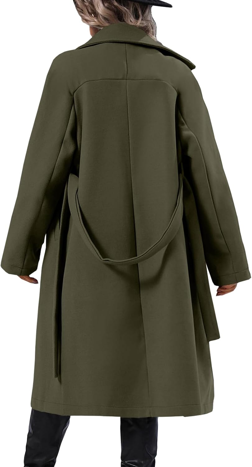 Danedvi Women Elegant Wool Pea Coat Lapel Collar Double Breasted Mid-Long Winter Overcoats with Belted Pockets