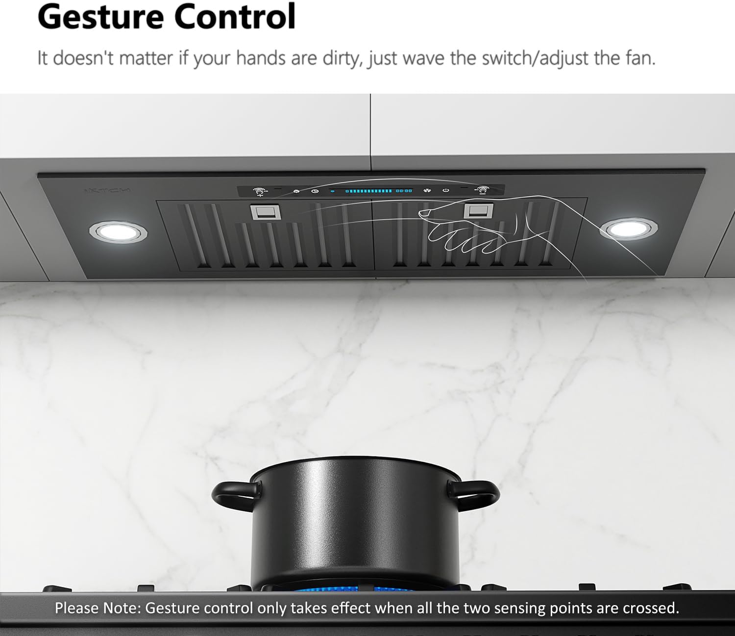 IKTCH 30 inch Black Built-in/Insert Range Hood, 900 CFM Ducted/Ductless Stainless Steel Kitchen Vent Hood with 4 Speed Gesture Sensing&Touch Control Panel(IKB01-30-BSS)