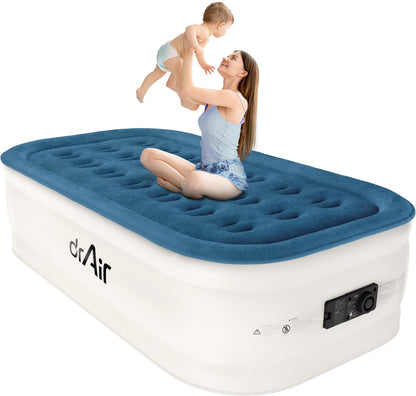 Queen Air Mattress, 18” Raised Inflatable Bed with Built-in Pump, Waterproof Velvety Top, Ergonomic Design, Reinforced Support, and Carry Bag for Home, Camping, and Guests