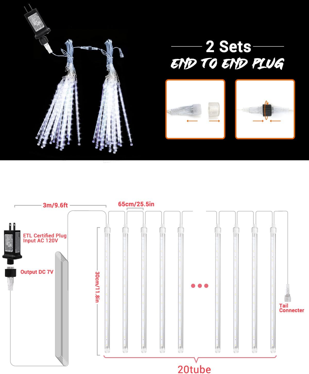 iBaycon 20 Tubes 480 LED Meteor Shower Rain Lights, 11.8 inches Cascading Icicle Lights Waterproof Outdoor, Connectable Falling Raindrop Lights with Timer for Holiday Party Christmas Decorations