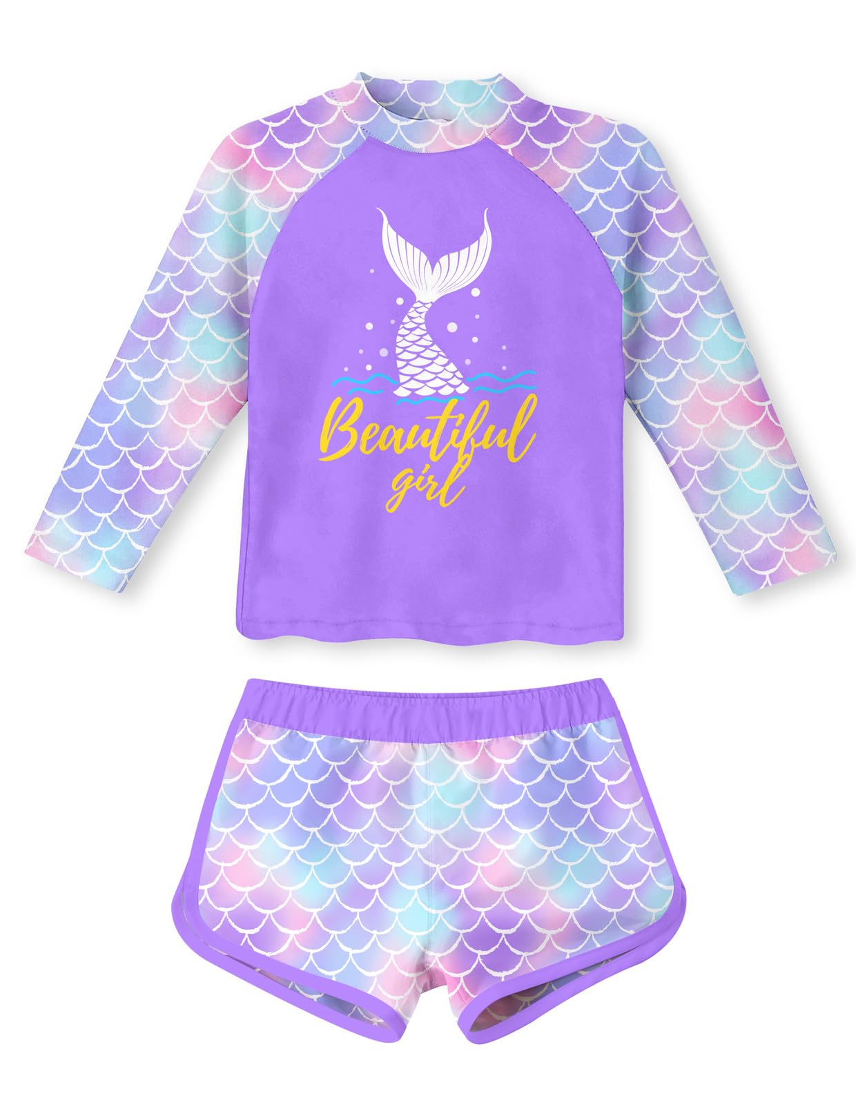 Vogseek 4-10T Girls Rashguard 2 Pieces Long Sleeve Swimsuit Swimwear with Shorts
