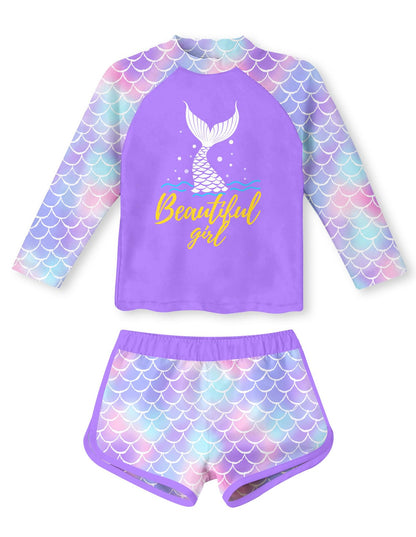 Vogseek 4-10T Girls Rashguard 2 Pieces Long Sleeve Swimsuit Swimwear with Shorts