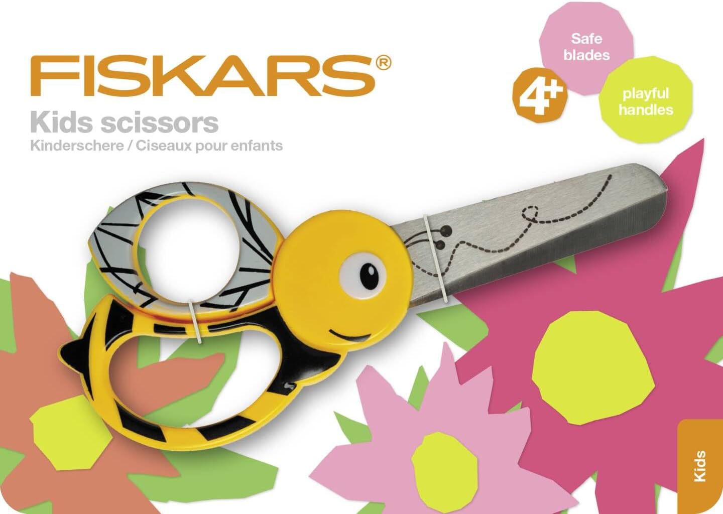 Fiskars Children's Animal Scissors with Bee Motif, From 4 years, length: 13 cm, For right and left handers, Stainless steel blade/plastic handles, Yellow, 1003747