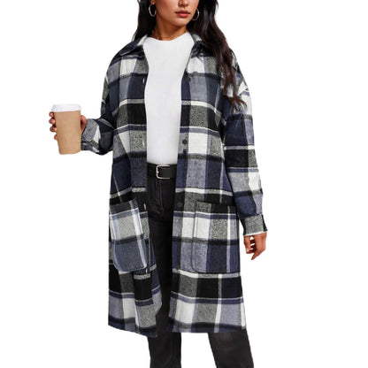 Women's Plaid Wool Coat Long Winter Lapel Peacoat Button Up Warm Overcoats Trendy Comfy Outerwear Casual Jackets