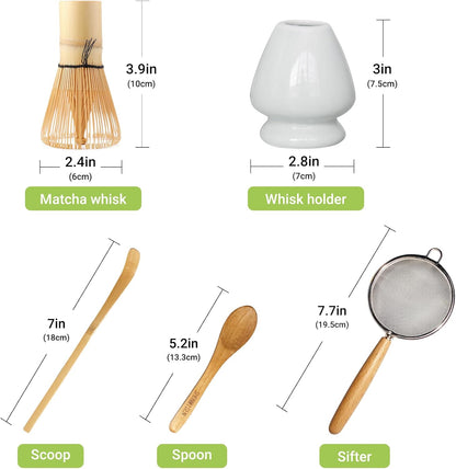 Bamboo Matcha Whisk Set -Matcha Whisk (Chasen),Whisk Holder(White),Sifter,Tea Scoop and Tea Spoon