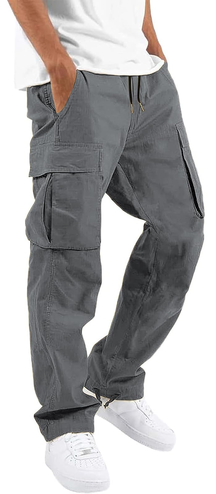 HUNGSON Mens Cargo Pants Drawstring Casual Hiking Pants Joggers Athletic Trousers Cotton Loose Straight Sweatpants for Men