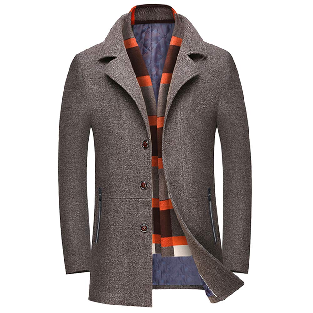 INVACHI Men's Wool Blend Pea Coat Warm Winter Trench Coat with Detachable Soft Scarf Single Breasted Overcoat