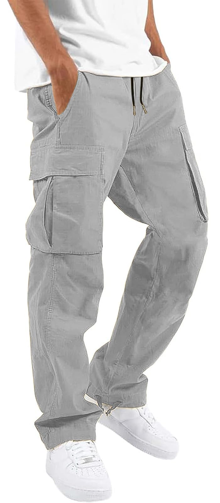 HUNGSON Mens Cargo Pants Drawstring Casual Hiking Pants Joggers Athletic Trousers Cotton Loose Straight Sweatpants for Men