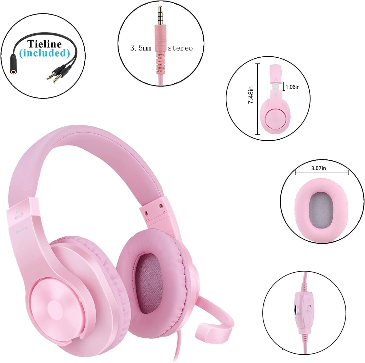 H-10 Gaming Headset for PS4, Xbox One, PC, PS5, Nintendo Switch, Stereo Wired Noise Cancelling Over Ear Headphones with Mic for Kids Adults, Bass Surround, Soft Memory Earmuffs, Pink