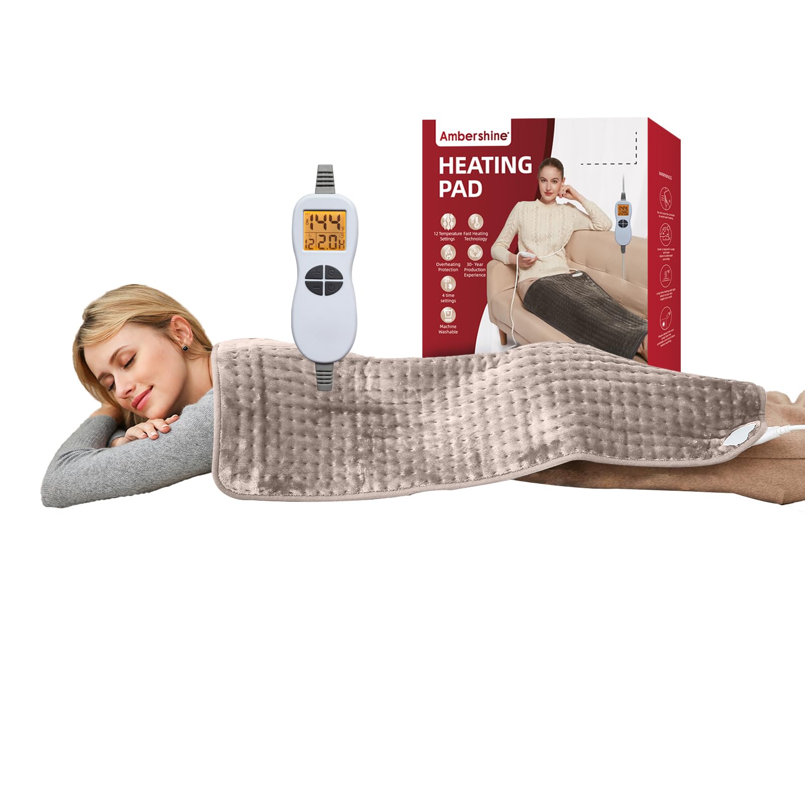 Ambershine 26"x35" XXXL King Size Neck& Shoulder& Back Heating Pad with 12 Temperature Settings& 4 Auto-Off Countdown Timers, Pain Relief for Back/Neck/Shoulder, Christmas gift for mom dad (Dark Gray)