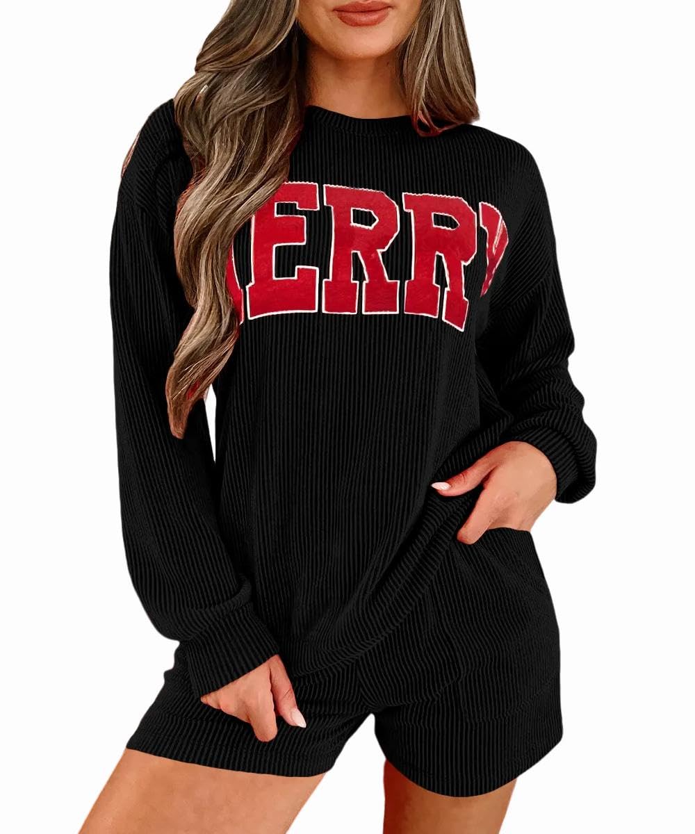 Womens Ribbed Pajama Sets Long Sleeve Top and Shorts Matching Lounge Set Loungewear Sweatsuit with Pockets