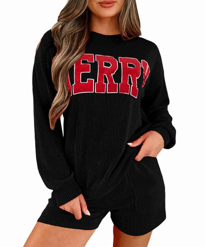 Womens Ribbed Pajama Sets Long Sleeve Top and Shorts Matching Lounge Set Loungewear Sweatsuit with Pockets