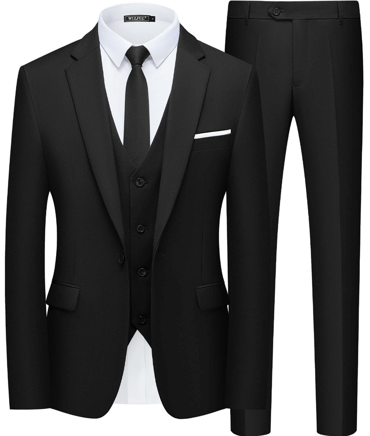 WULFUL Men’s Slim Fit Suit One Button 3-Piece Blazer Dress Business Wedding Party Jacket Vest & Pant