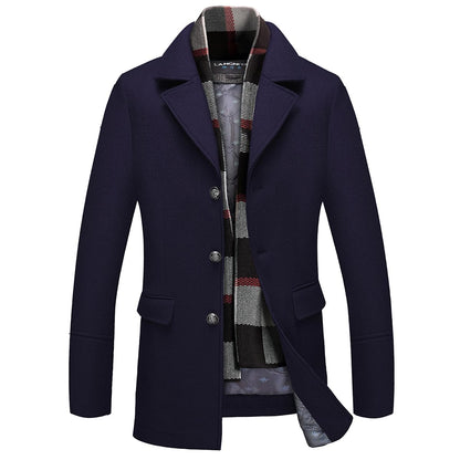 INVACHI Men's Wool Blend Pea Coat Warm Winter Trench Coat with Detachable Soft Scarf Single Breasted Overcoat
