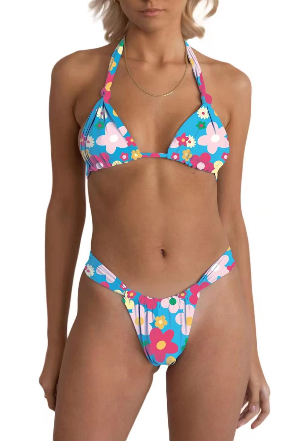 Women Two Piece Swimsuits Halter Triangle String Bikini Sets Sexy Ruched Brazilian Cheeky Thong Bathing Suit