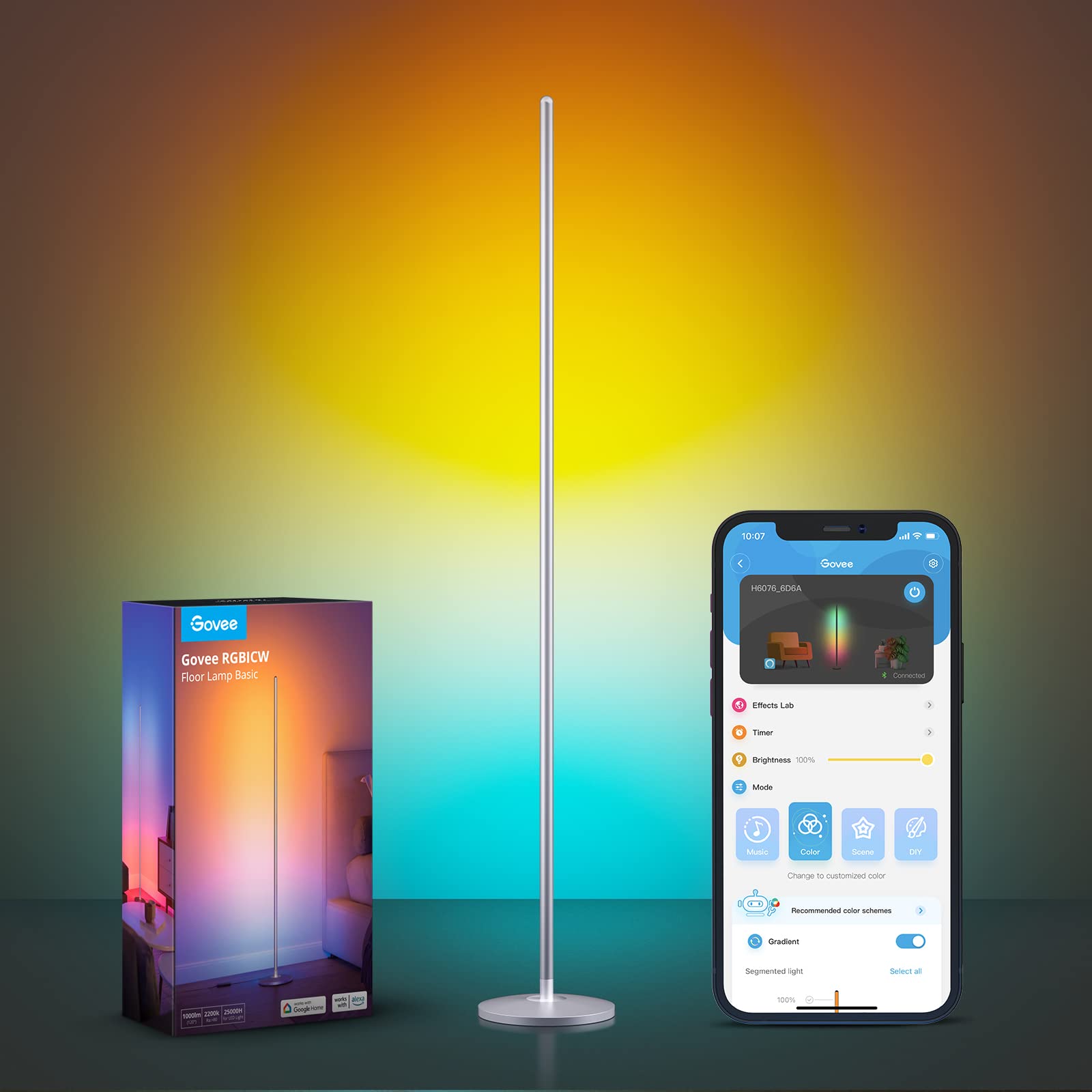 Govee RGBIC Floor Lamp Basic, LED Corner Lamp Works with Alexa, 1000 Lumen Smart Modern Floor Lamp with Music Sync and 16 Million DIY Colors, Color Changing Standing Lamp for Bedroom Living Room Black