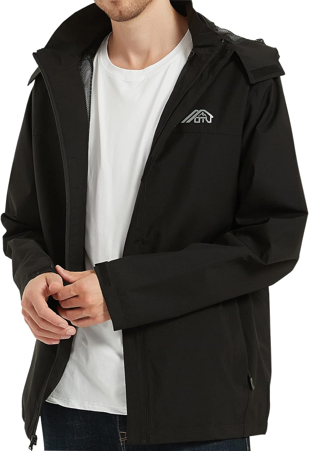 OTU Men's Lightweight Waterproof Hooded Rain Jacket Outdoor Raincoat Shell Jacket for Hiking Travel