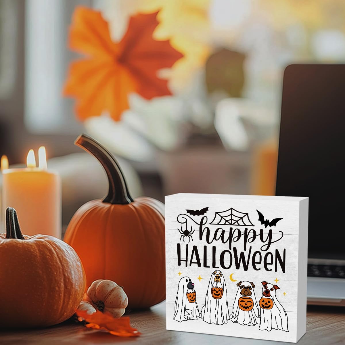 Cute Halloween Decor, Happy Halloween Dog Decorations, Spooky Ghost Decor for Home Office, Spider Webs Scary Decorations 5 x 5 inches A11