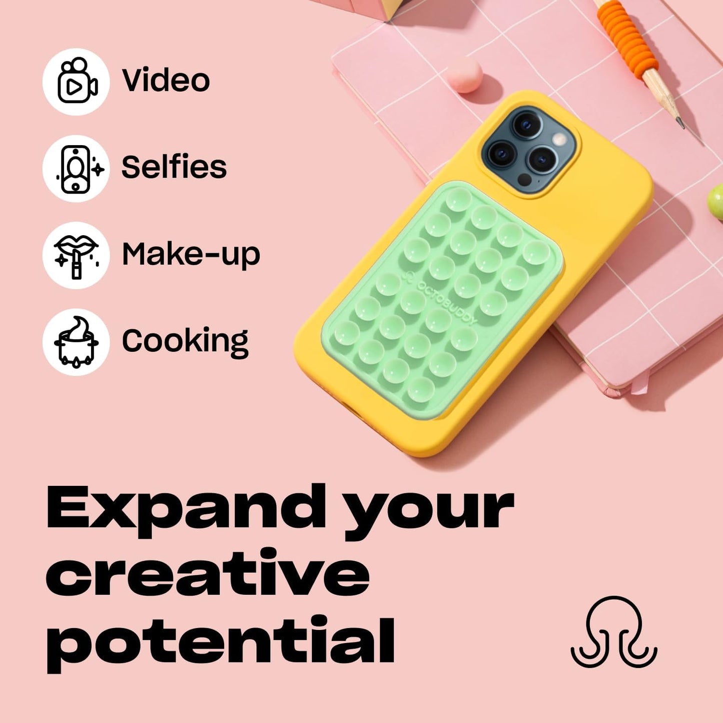 OCTOBUDDY Classic MAX - Silicone Suction Phone Case Adhesive Mount - Hands-Free, Strong Grip Holder for Selfies and Videos - iPhone and Android Compatible - 2.6″ x 3.9″, Baby Blue Jay