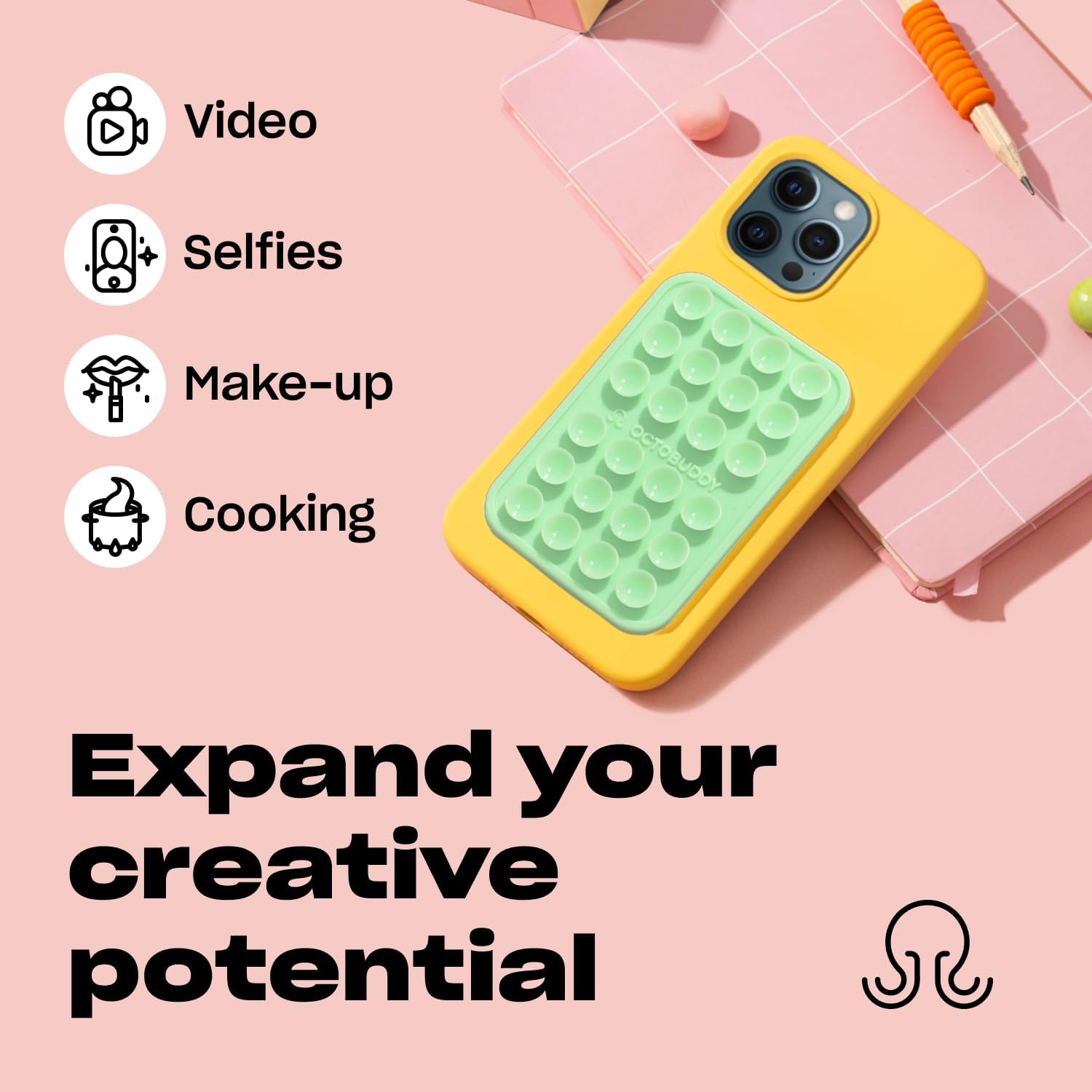 OCTOBUDDY Classic MAX - Silicone Suction Phone Case Adhesive Mount - Hands-Free, Strong Grip Holder for Selfies and Videos - iPhone and Android Compatible - 2.6″ x 3.9″, Baby Blue Jay