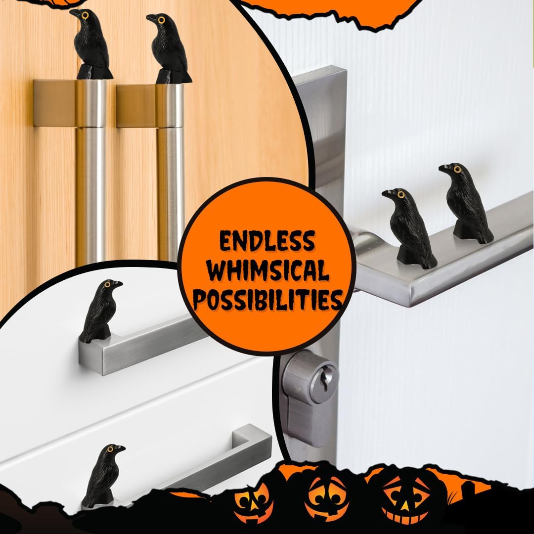 Black Crows Door Hinge Toppers Set of 6 - Spooky Black Raven Miniature Hinge Heads Decorative Topper - Magnetic Decorative Charms for Halloween Home Decor