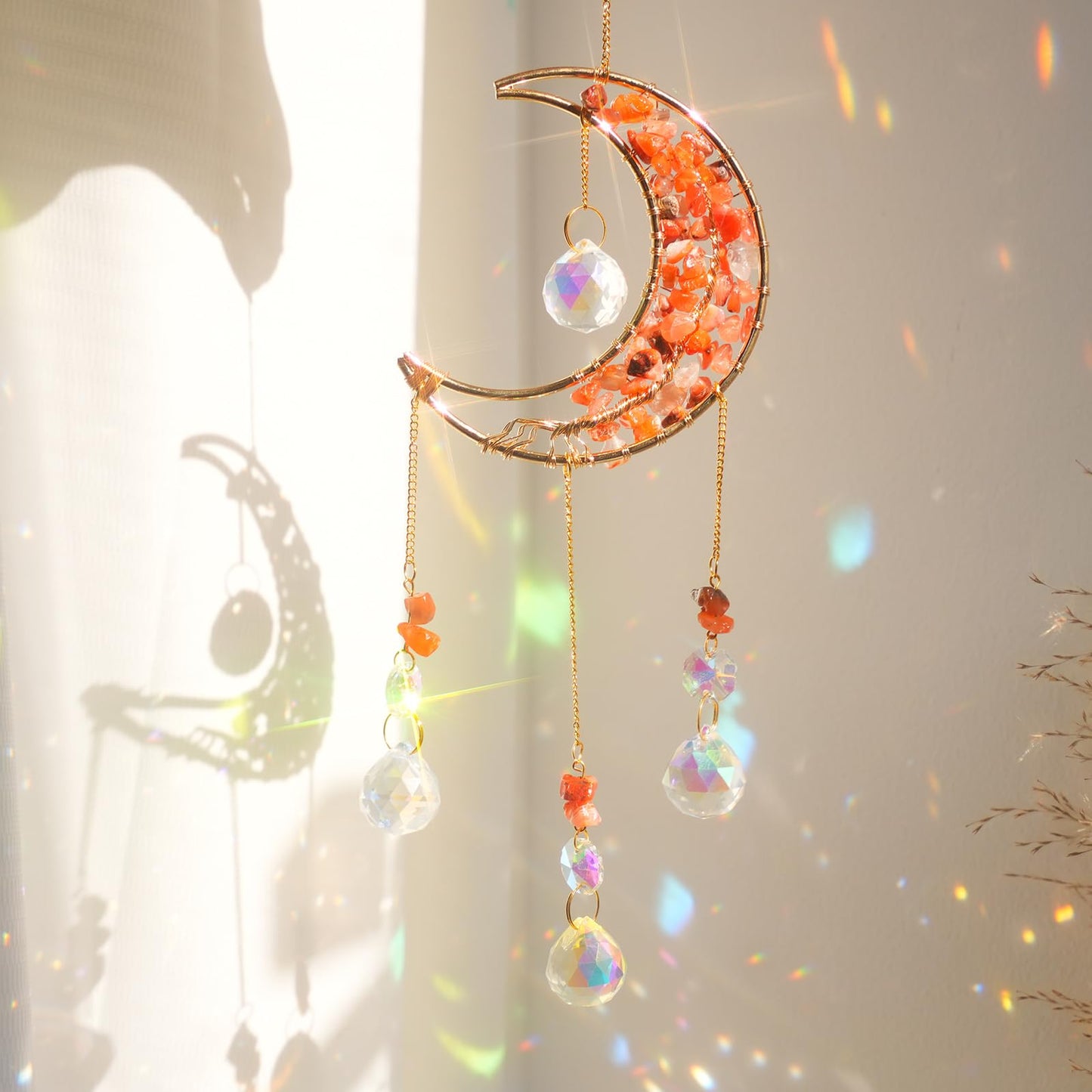 Crystal Moon Suncacher-Sun Catchers Indoor Window Prism Moon Crystal Dream Catcher Natural Healing Stones Rainbow Maker Garden Car Decoration Outdoor (Amethys)