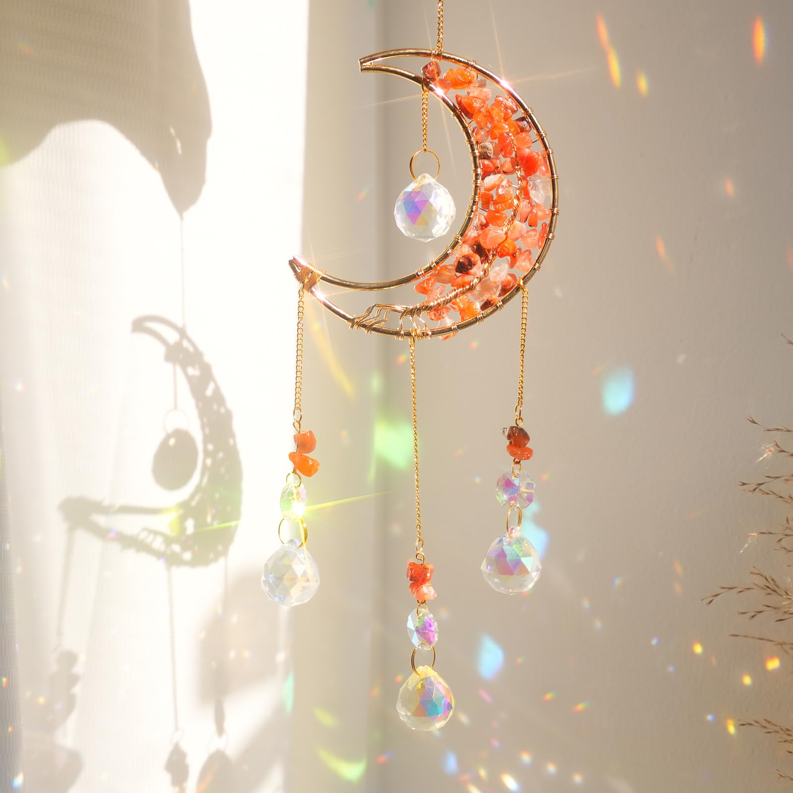 Crystal Moon Suncacher-Sun Catchers Indoor Window Prism Moon Crystal Dream Catcher Natural Healing Stones Rainbow Maker Garden Car Decoration Outdoor (Amethys)