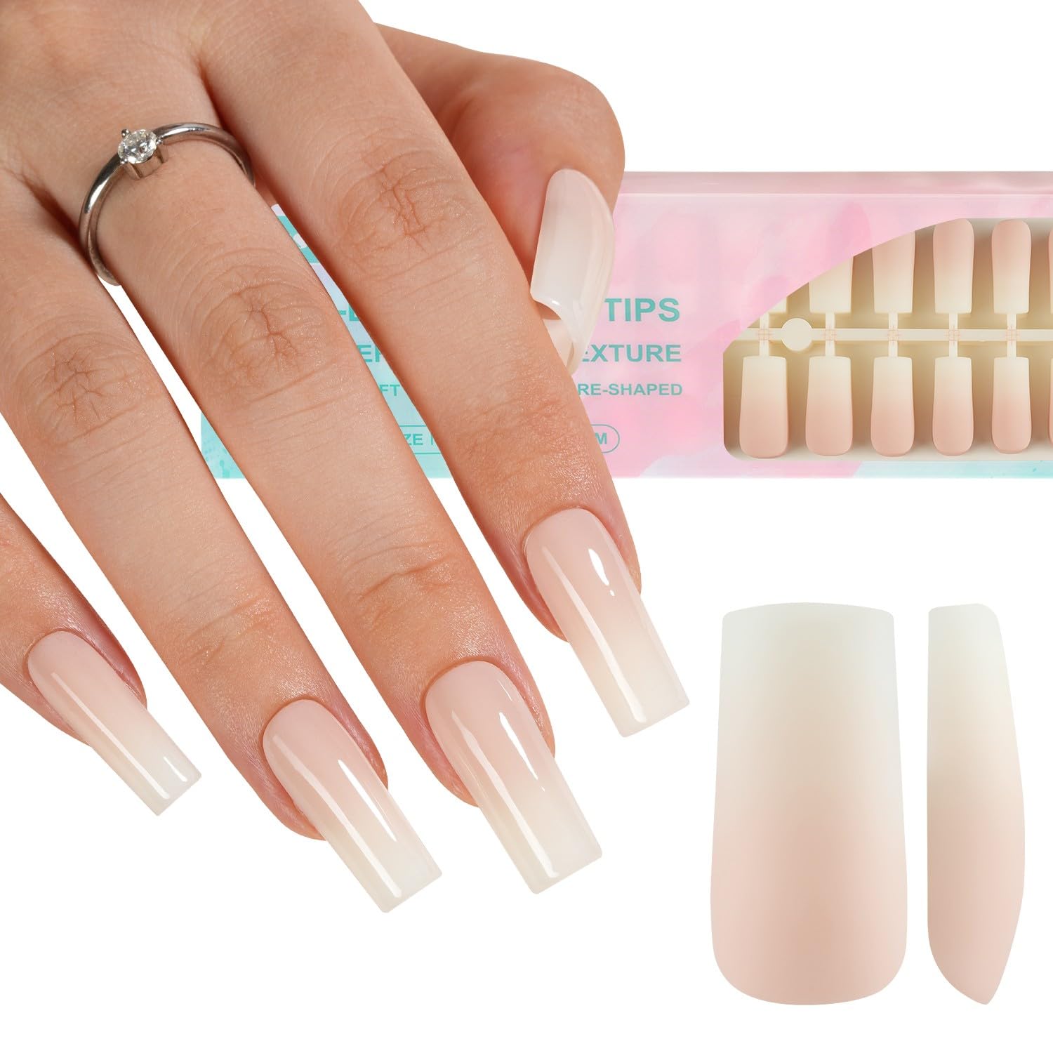 Misssix French Gel Nail Tips, 240Pcs French Tip Press on Nails Long Square Pink, No Need to File Tips Pre-lasting, Fake Nails for Nail Art DIY 15 Sizes