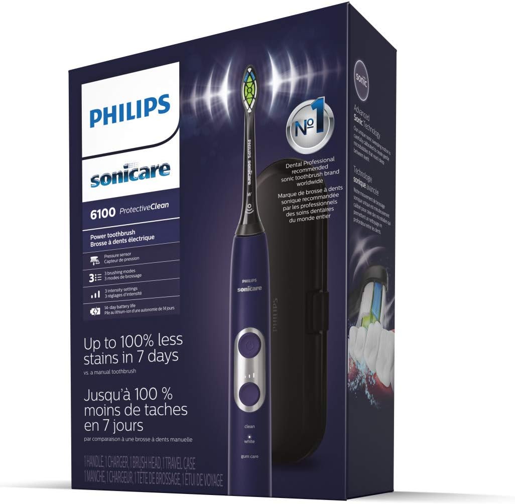 Philips Sonicare ProtectiveClean 6100 Rechargeable Electric Toothbrush, with Pressure Sensor, 3 Cleaning Modes, SmarTimer and QuadPacer, 14-Day Battery Life, Travel Case, Deep Purple, Model HX6471/03
