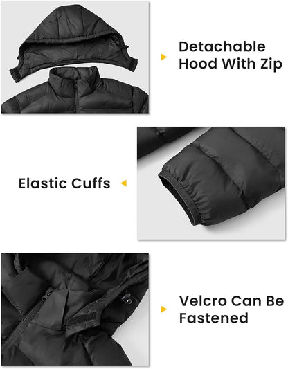 TBMPOY Men's Lightweight Puffer Jackets Detachable Hood Water-Resistant Casual Winter Coat Hooded Insulated for Travel Ski