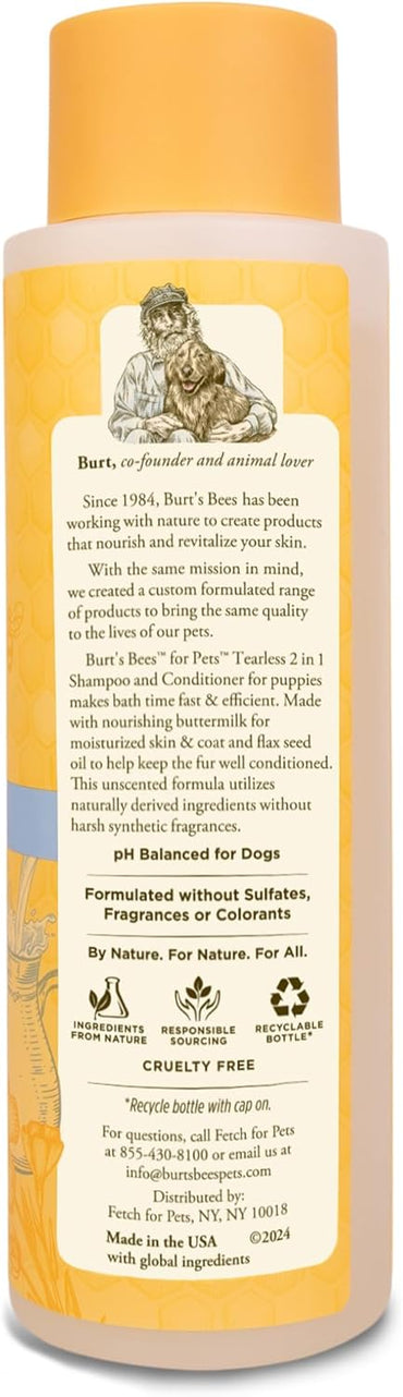 Burt's Bees for Pets Tearless Puppy 2-in-1 Shampoo and Conditioner with Buttermilk and Linseed Oil, 95% Natural Origin Formulas, Shampoo for Puppies - Gentle Puppy Shampoo Tear Free, 16 oz