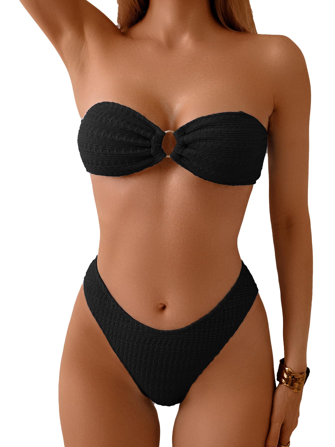 Limeeke Women's Strapless Bandeau Bikini Sets Ring Linked Two Piece Swimsuit Removable Strap Textured Bathing Suit