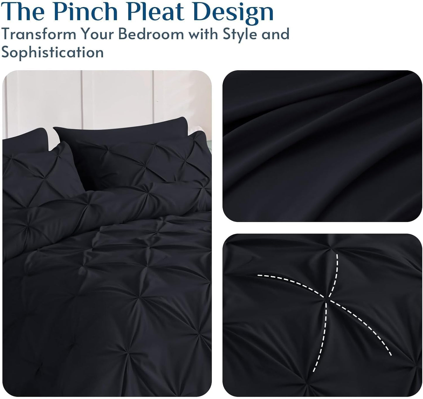JOLLYVOGUE Queen Comforter Set 7 Pieces - Bed in a Bag Queen for All Season, Pintuck Bedding Comforter Sets with Comforter, Flat Sheet, Fitted Sheet and Pillowcases & Shams, Black