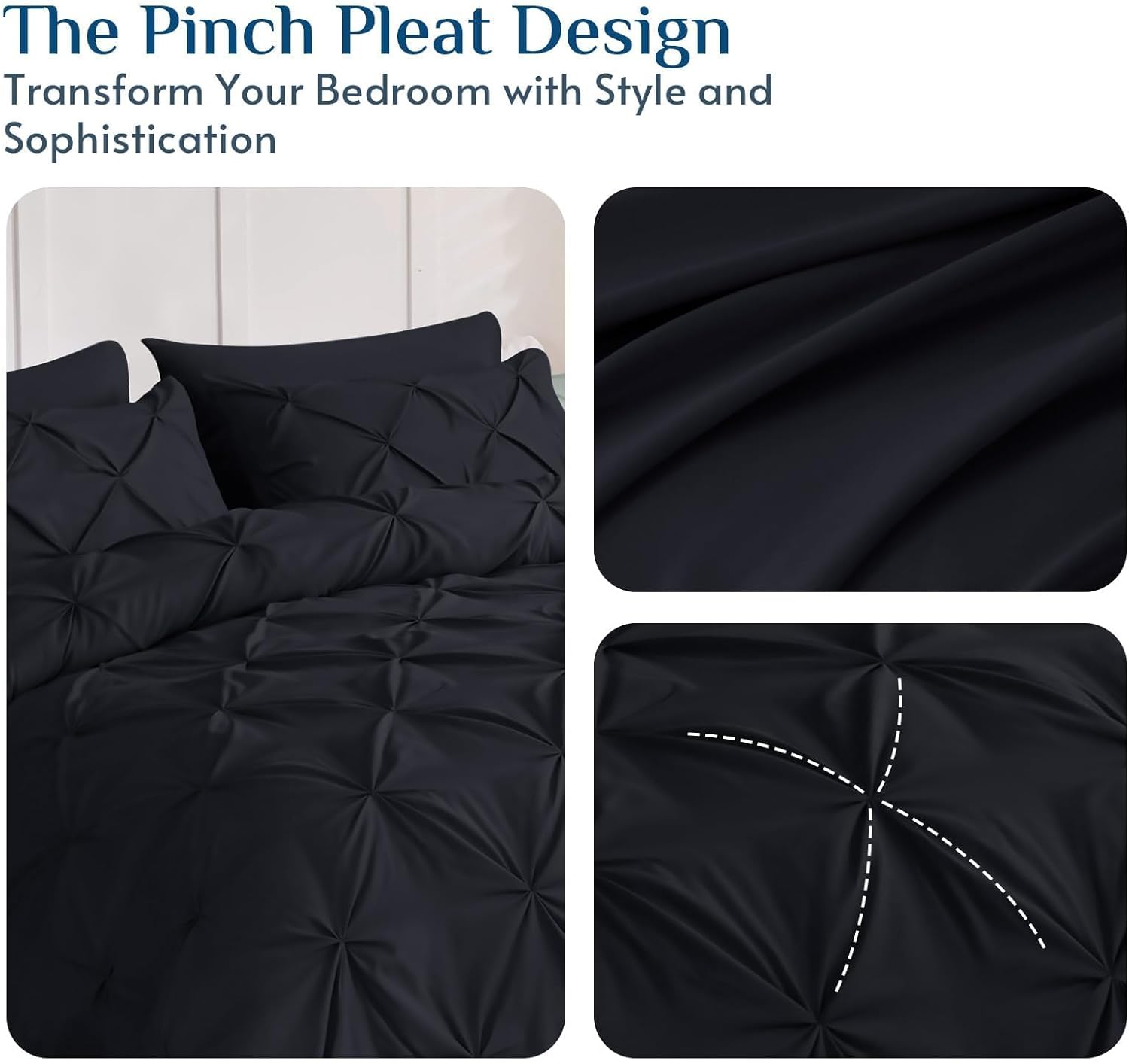 JOLLYVOGUE Queen Comforter Set 7 Pieces - Bed in a Bag Queen for All Season, Pintuck Bedding Comforter Sets with Comforter, Flat Sheet, Fitted Sheet and Pillowcases & Shams, Black