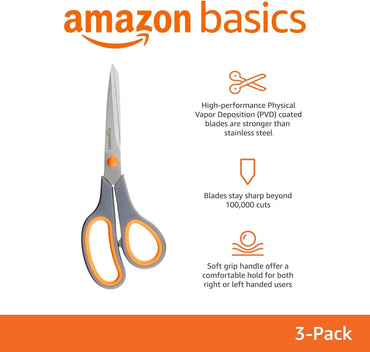Amazon Basics Stainless Steel Scissors for Office, Crafts, Multipurpose, Sharp, Comfort Grip, PVD Coated, 3 Pack, Multicolor