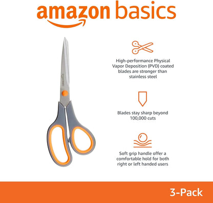 Amazon Basics Stainless Steel Scissors for Office, Crafts, Multipurpose, Sharp, Comfort Grip, PVD Coated, 3 Pack, Multicolor