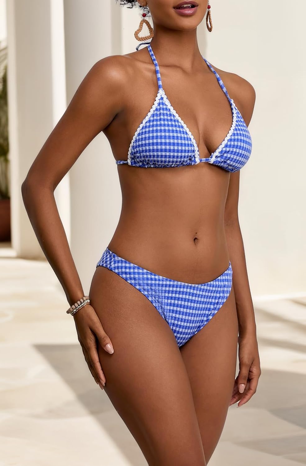 Women Sexy String 2 Piece Bikini Set Cheeky Halter Plaid Swimsuits
