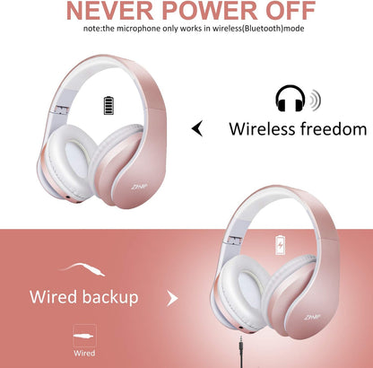 ZIHNIC Bluetooth Headphones Over-Ear, Foldable Wireless and Wired Stereo Headset Micro SD/TF, FM for Cell Phone,PC,Soft Earmuffs &Light Weight for Prolonged Wearing(Rose Gold)