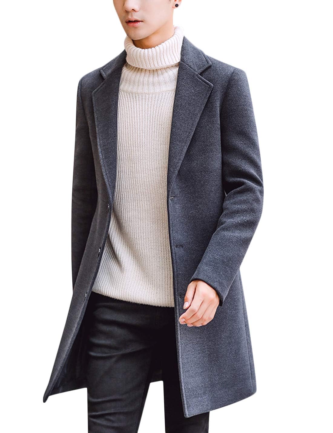 Springrain Men's Wool Blend Pea Coat Notched Collar Single Breasted Overcoat Warm Winter Trench Coat