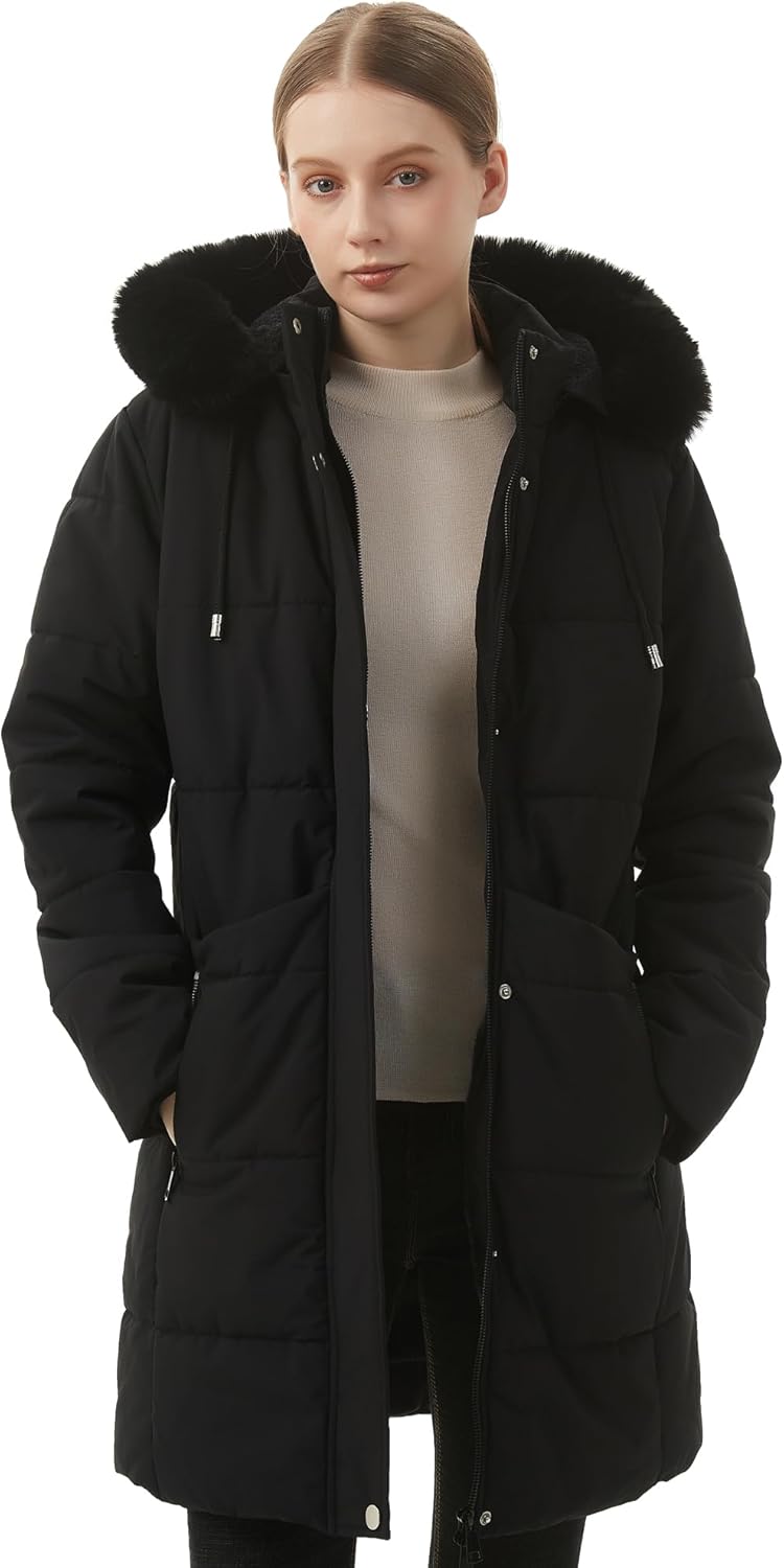 MOERDENG Women's Winter Puffer Coat Thicken Fleece Lined Down Jacket Waterproof Faux Fur Detachable Hooded Parka