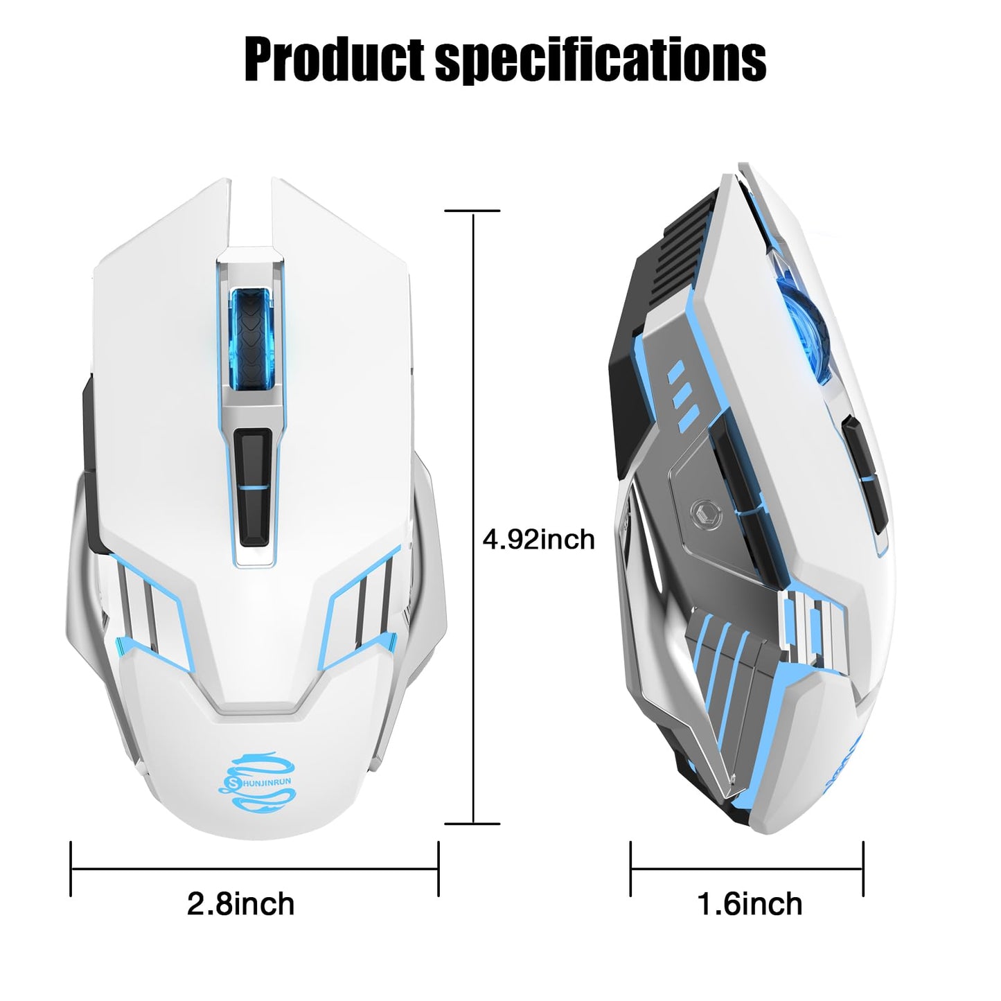Bluetooth Gaming Mouse, RGB Rechargeable USB Wireless Mouse, Quiet Click, LED Backlit, Ergonomic, with Side Button, 6 Button, DPI Adjustable, Computer Mice for Laptop PC MacBook Chromebook - Grey
