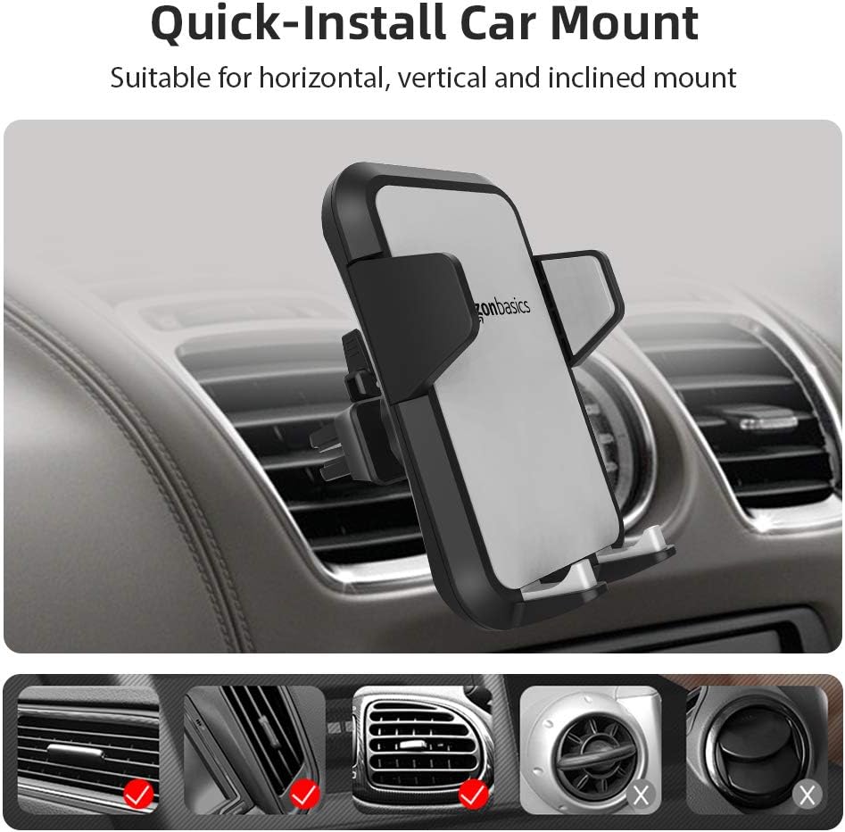 Amazon Basics Universal Portable Smartphone Holder for Car, Easy to Install Air Vent Mount, Adjustable and Secure, Grey